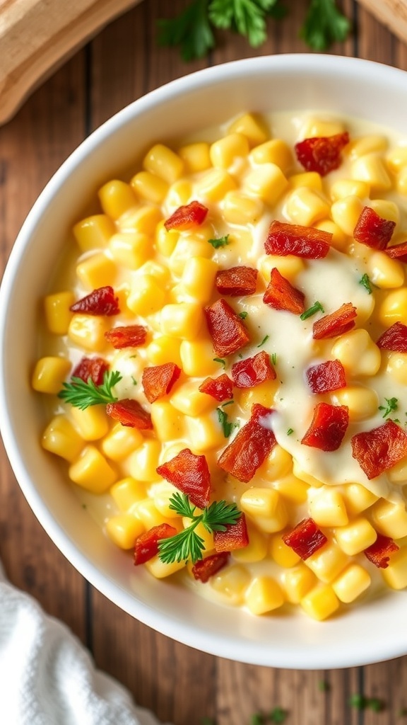 Creamy corn with bacon in a bowl, garnished with parsley on a wooden table.
